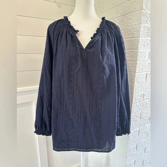 Talbots Tops - Talbots Navy Eyelet Long Sleeve Blouse. Lined. Size Large